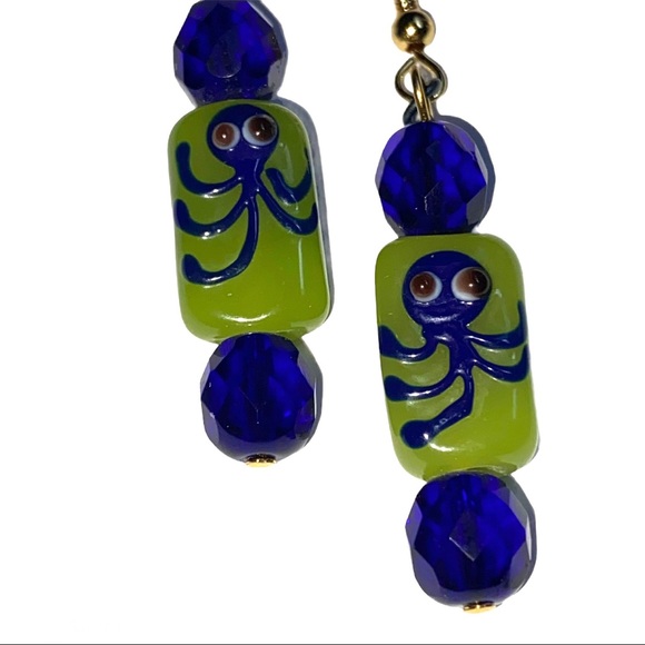 Hand Crafted Jewelry - Octopus Spider Earrings Green Blue Halloween